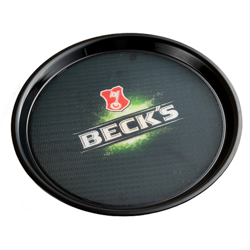 schwarzes Tablett mit Becks Logo