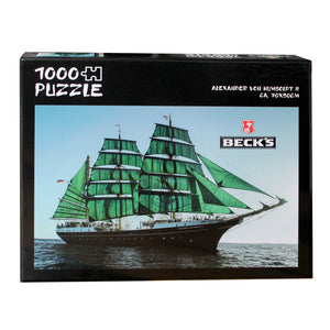 schwarze Becks Puzzle Box von dem Alexander von Humboldt II Schiff mit grünen Segeln 1000 Teile ca. 70x50cm