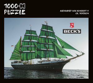 schwarze Becks Puzzle Box von dem Alexander von Humboldt II Schiff mit grünen Segeln 1000 Teile ca. 70x50cm